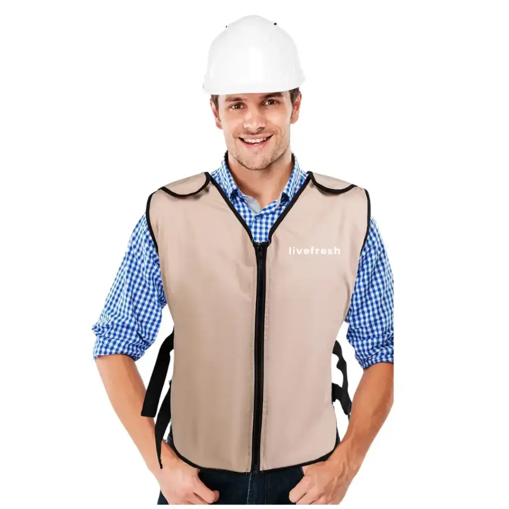 chaleco de frío industrial livefresh + 8 bolsas de gel hasta 6h de duración tecnología premium europea (beig)